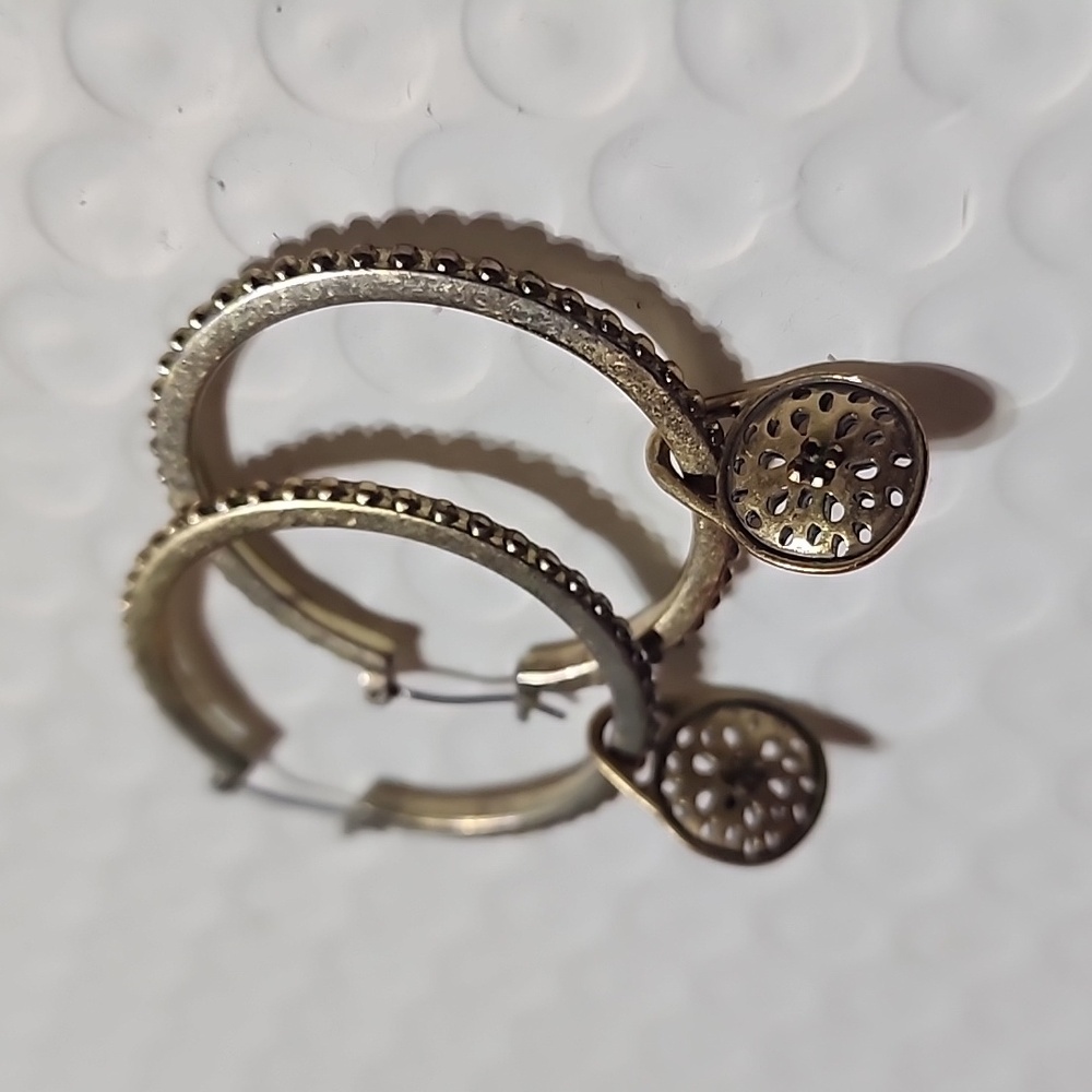 Gold Hoop Earrings with Textured Charm